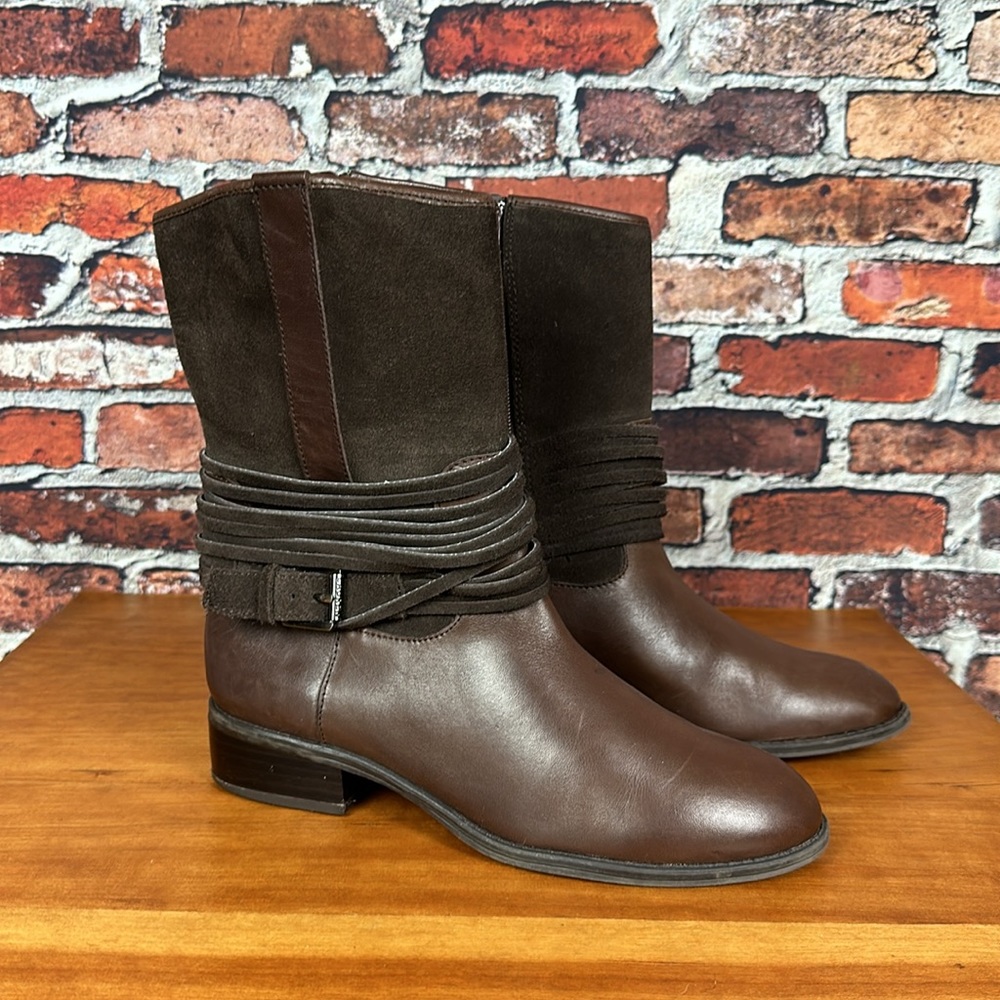 Lauren Ralph Lauren Megan brown leather/suede boot w/wraparound buckle. Size 6.5
